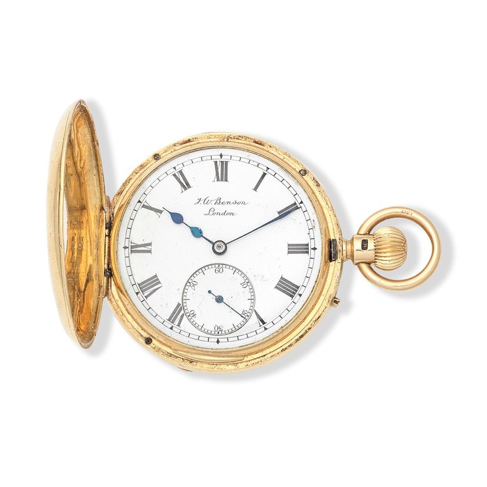  J. W. Benson, London. An 18K gold keyless wind half hunter pocket watch London Hallmark for 1898, Price & Market Data