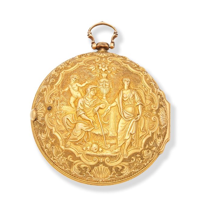 Isa Dalton, London. A gold key wind pair case pocket watch with repoussé decoration Circa 1750
