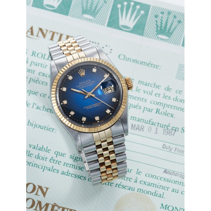 ROLEX | DATEJUST - MYSTERY BLUE, REF.16013, A RARE STAINLESS STEEL AND YELLOW GOLD BRACELET WATCH WITH SMOKY BLUE AND DIAMOND-SET INDEXES DIAL AND DATE, CIRCA 1987
