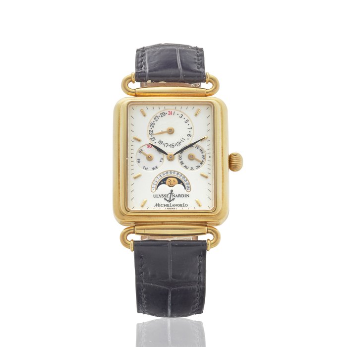 ULYSSE NARDIN. AN 18K GOLD AUTOMATIC WRISTWATCH WITH CALENDAR AND MOON PHASE Michelangelo, Ref: 161-42,