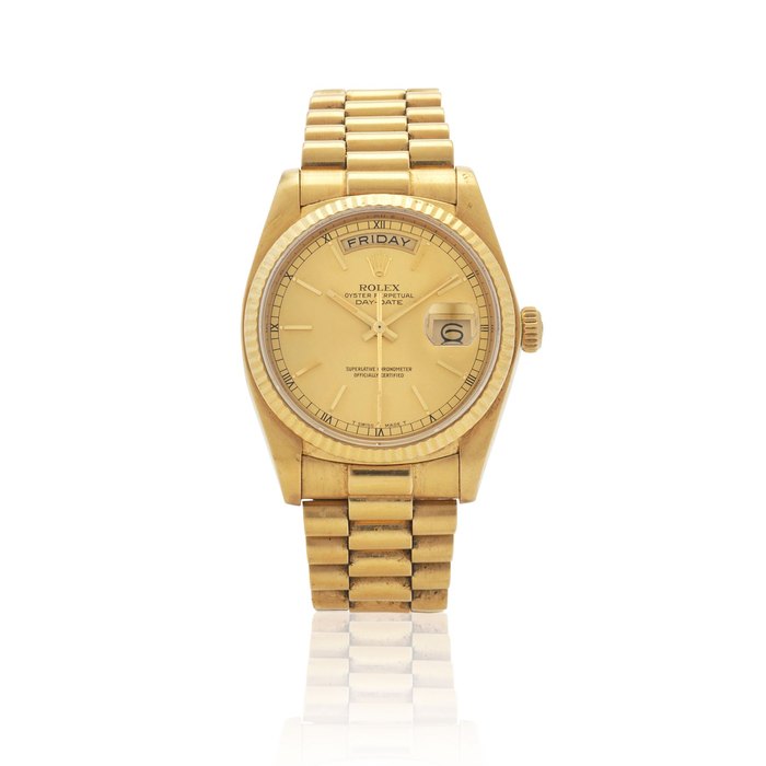 ROLEX. AN 18K GOLD AUTOMATIC CALENDAR BRACELET WATCH Day Date, Ref: 18038, c.1982