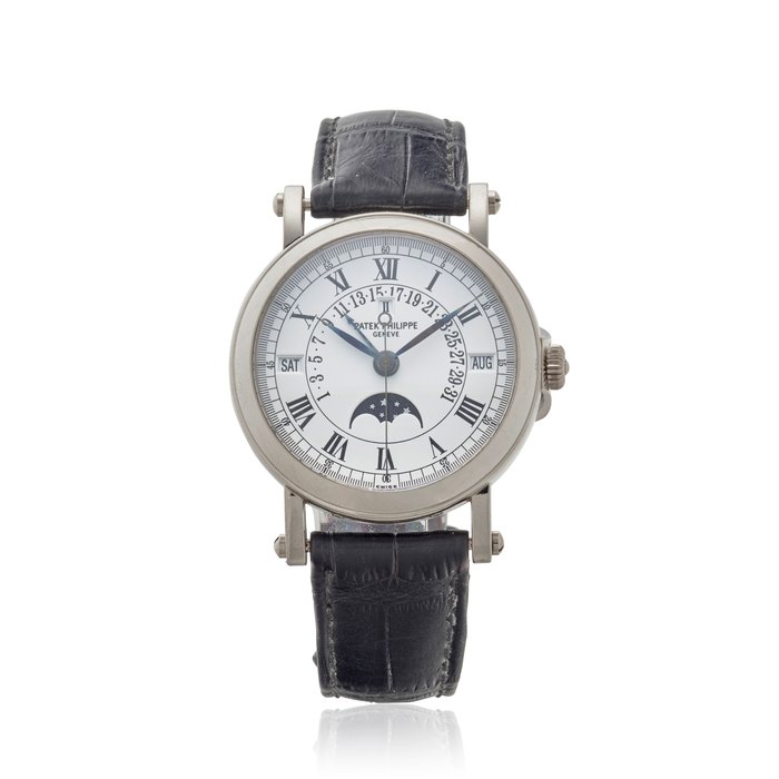 PATEK PHILIPPE. A FINE 18K WHITE GOLD PERPTETUAL CALENDAR WRISTWATCH WITH MOON PHASERef: 5059G-001, Purchased 20th August, 1999