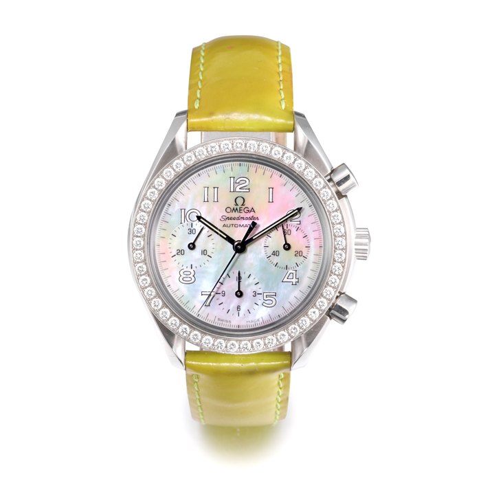 OMEGA | SPEEDMASTER REF. 38157056, A STAINLESS STEEL AND DIAMOND SET CHRONOGRAPH WRISTWATCH WITH MOTHER-OF-PEARL DIAL, CIRCA 2000