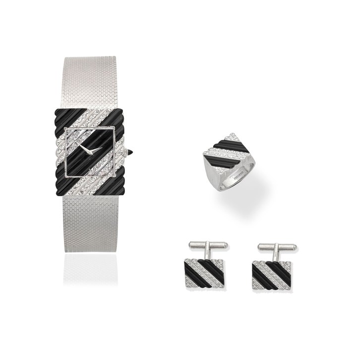 La Montre Royale. An 18K white gold diamond and onyx set manual wind bracelet watch Ref: 5802, Circa 1980
