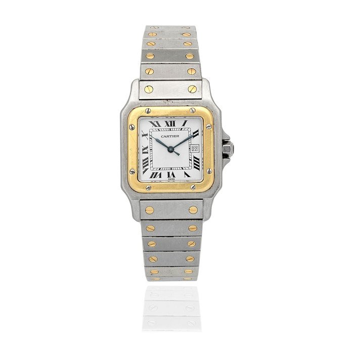 Cartier Cartier. A stainless steel and gold automatic calendar bracelet watch Santos, Circa 1990