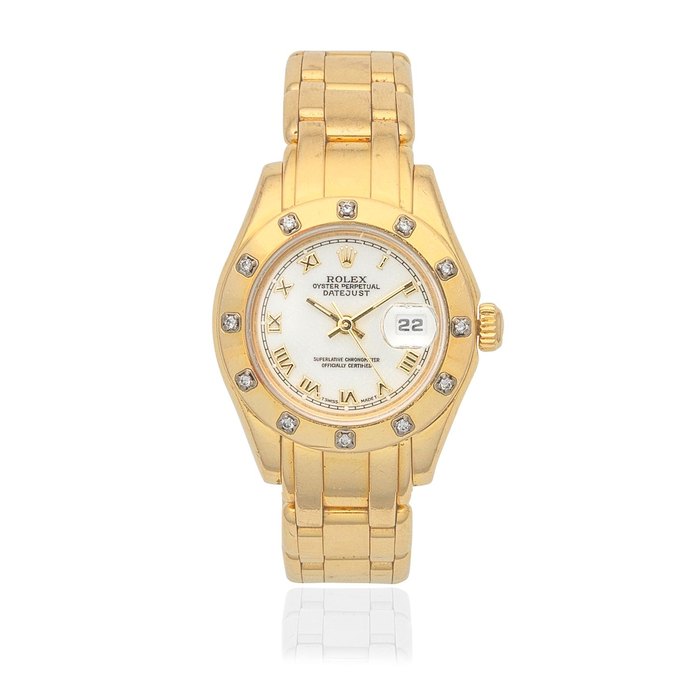 Rolex. A lady's 18K gold and diamond set automatic calendar bracelet watch Datejust, Ref: 69318, Circa 1996