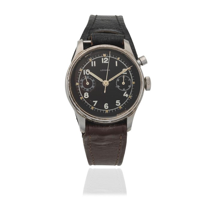 Lemania. A stainless steel military style manual wind single button chronograph wristwatch Circa 1940