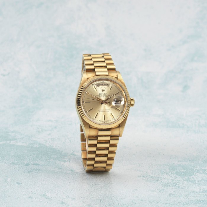 Rolex. An 18K gold automatic calendar bracelet watch Day-Date, Ref: 18038/18000, Purchased 28th November 1986