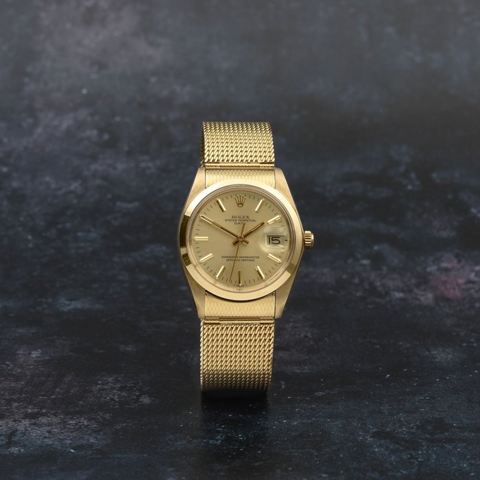 Rolex. A fine 14K gold automatic calendar bracelet watch Date, Ref: 1500, Circa 1979