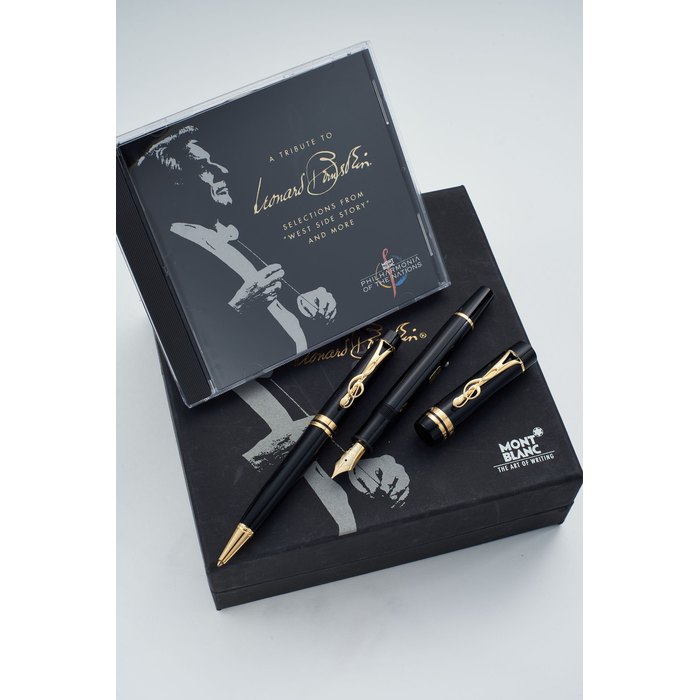 MONTBLANC | LEONARD BERNSTEIN, REF. 21850 & 21851, TWO SPECIAL EDITION BLACK RESIN AND GOLD PLATED WRITING INSTRUMENTS, A FOUNTAIN PEN AND A BALLPOINT PEN