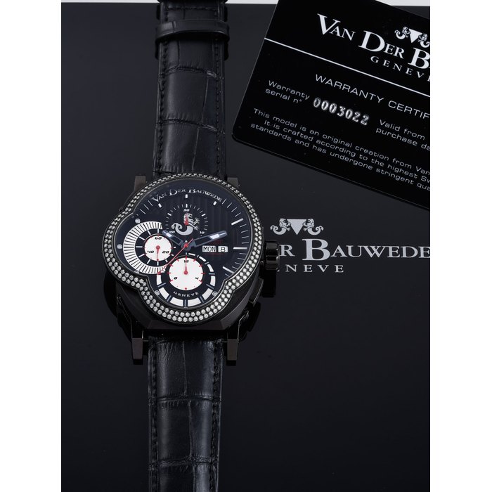 VAN DER BAUWEDE | LEGEND RIDER, REF. 0003022, A PVD COATED STAINLESS STEEL AND DIAMOND CHRONOGRAPH WRISTWATCH WITH DAY AND DATE, CIRCA 2010