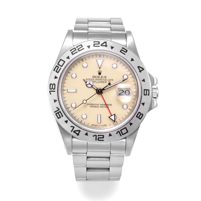 ROLEX | EXPLORER II, REF. 16550, A FINE STAINLESS STEEL BRACELET WATCH WITH DATE, 24 HOUR HAND AND CREAM RAILWAY DIAL, circa 1985