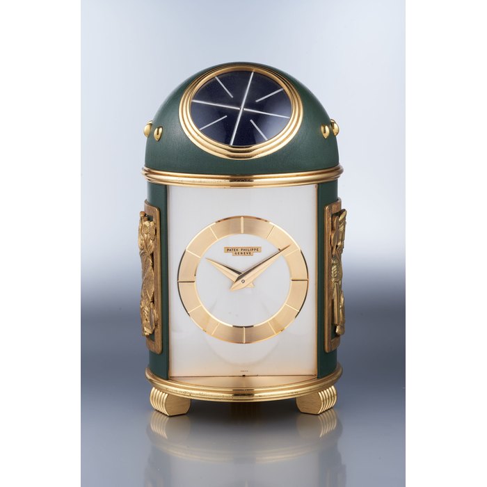 PATEK PHILIPPE | PLAYING CARD DOME CLOCK, REF. 725, A VERY RARE GILT BRASS AND GREEN LEATHER PHOTO-ELECTRIC CELL DOME CLOCK, 1966