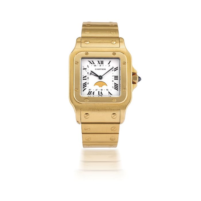 CARTIER. MONTRE BRACELET EN OR JAUNE 18K (750) AVEC DATE ET PHASE DE LUNE MOUVEMENT QUARTZ CARTIER. AN 18K GOLD QUARTZ CALENDAR BRACELET WATCH WITH MOON PHASE Santos, Ref: 0453, Circa 1990