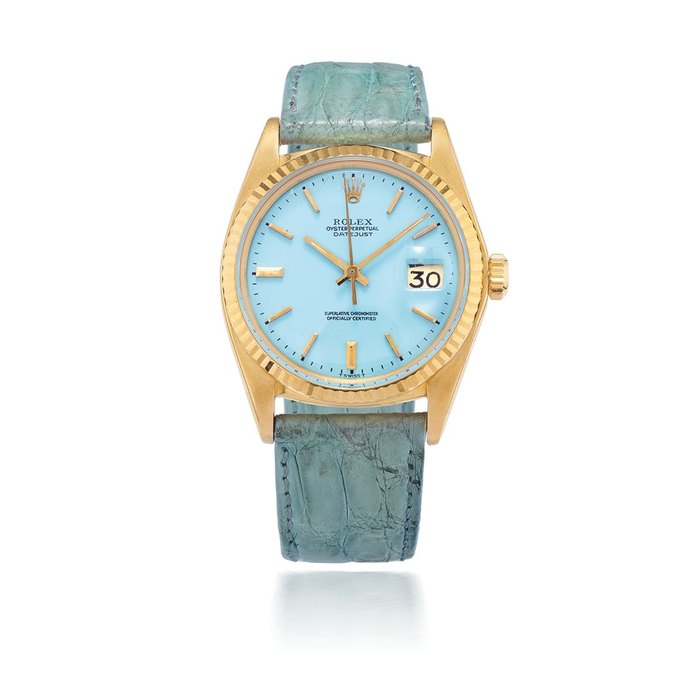 ROLEX. MONTRE BRACELET EN OR JAUNE 18K (750) AVEC DATE ET CADRAN BLEU MOUVEMENT AUTOMATIQUE ROLEX. AN 18K GOLD AUTOMATIC CALENDAR WRISTWATCH WITH ASSOCIATED BLUE DIAL Datejust, Ref: 1601, Circa 1973