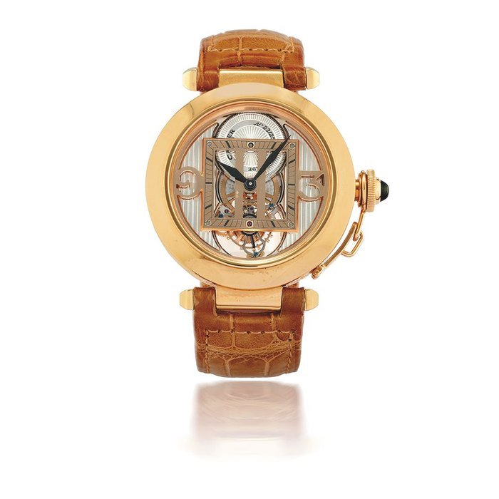 Cartier CARTIER. BELLE MONTRE BRACELET EN OR ROSE 18K (750) CADRAN SEMI SQUELETTE MOUVEMENT AUTOMATIQUE TOURBILLON CARTIER. A FINE LIMITED EDITION 18K ROSE GOLD AUTOMATIC SEMI-SKELETONISED WRISTWATCH WITH ONE-MINUTE TOURBILLON Collection Privée, Pasha de Cartier Tourbillon, Ref: 2578 Limited edition number 23/25, Circa 2003