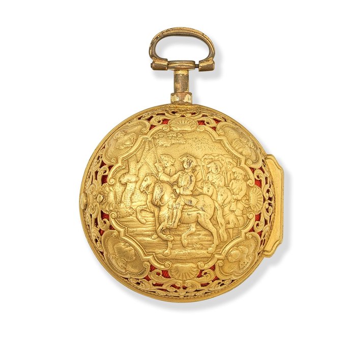 Paul Gottfried Graupner, Augsburg. A fine and rare gilt metal key wind quarter repeating pair case pocket watch with repousse decoration Circa 1750