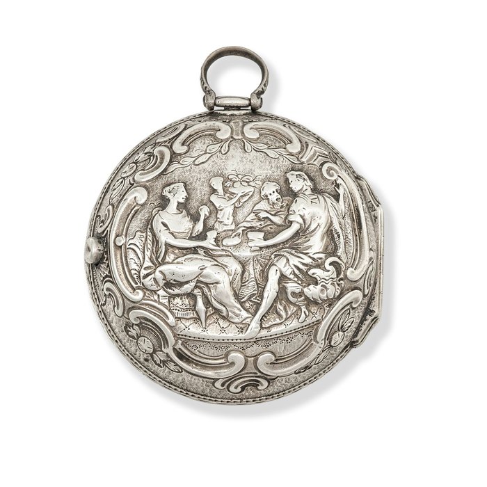 J Grape, London. A silver key wind pair case calendar pocket watch with repoussé decoration Circa 1750
