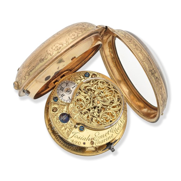  Josiah Emery, Charing Cross, London. A gilt key wind open face pocket watch Circa 1740, Price & Market Data