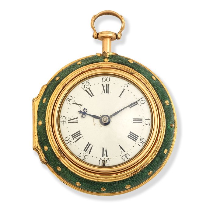 Thomas Allen, London. A gold key wind triple case quarter repeating pocket watch with shagreen outer case and repousse depicting Hermes and Andromeda Circa 1750
