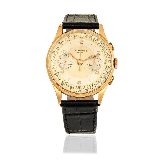 Chronographe Suisse. An 18K gold manual wind chronograph wristwatch Circa 1950