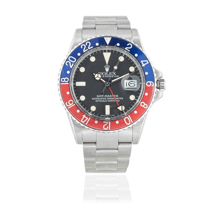 Rolex Rolex. A stainless steel automatic calendar bracelet watch with dual time zone GMT Master 'Pepsi', Ref: 1675, Circa 1975 · 1675