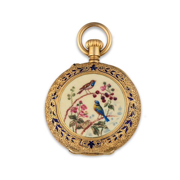 HENRY CAPT, GENEVE. MONTRE DE GOUSSET DEMI CHASSEUR EN OR JAUNE 18K (750) AVEC DECOR EMAILLE REPRESENTANT DEUX OISEAUX REMONTOIR AU PENDANT HENRY CAPT, GENEVE. AN 18K GOLD KEYLESS WIND HALF HUNTER POCKET WATCH WITH ENAMEL SCENE DEPICTING TWO BIRDS Circa 1880