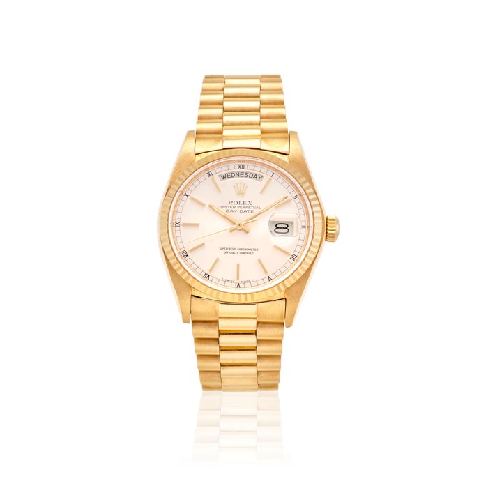 ROLEX. A FINE 18K GOLD AUTOMATIC CALENDAR BRACELET WATCH Day-Date, Ref: 18038, c.1977