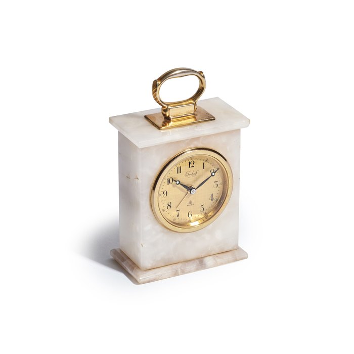 IMHOF. A SMALL WHITE MARBLE AND GILT METAL BOUDOIR CLOCK WITH ALARM, CIRCA 1965