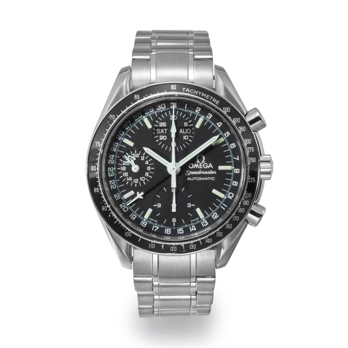OMEGA/SPEEDMASTER. A STAINLESS STEEL TRIPLE CALENDAR CHRONOGRAPH BRACELET WATCH, CIRCA 2000 Ref. 175