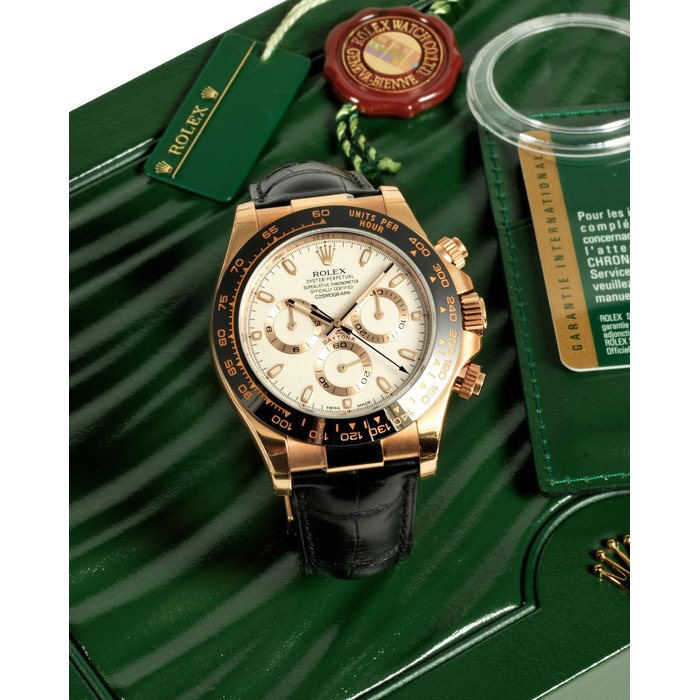 ROLEX. REF.116515LN DAYTONA, A RARE NEW OLD STOCK PINK GOLD CHRONOGRAPH WRISTWATCH WITH "APH" DIAL AND CERAMIC BEZEL, 2011