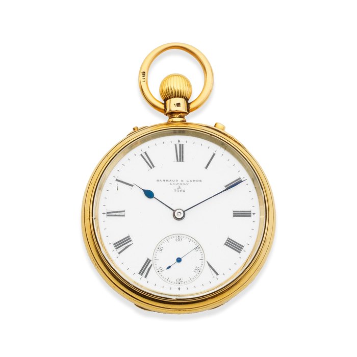 Barraud & Lunds, 49 Cornhill, London. An 18K gold keyless wind open face pocket watch London Hallmark for 1884