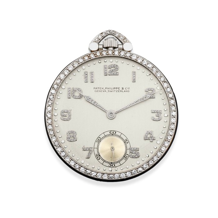 Patek Philippe. A platinum and diamond set keyless wind open face pocket watch with Hollywood inscription Manufactured 1928, Sold 26th September 1929