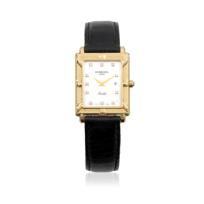 Raymond Weil. An 18K gold quartz rectangular calendar wristwatch with mother of pearl dial Parsifal, Ref: 10260, Circa 2000
