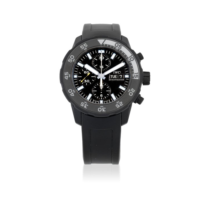 IWC. A black DLC coated automatic calendar chronograph wristwatch Aquatimer Tribute to the Charles Darwin Foundation Galapagos Islands, Ref: 3767, Circa 2016
