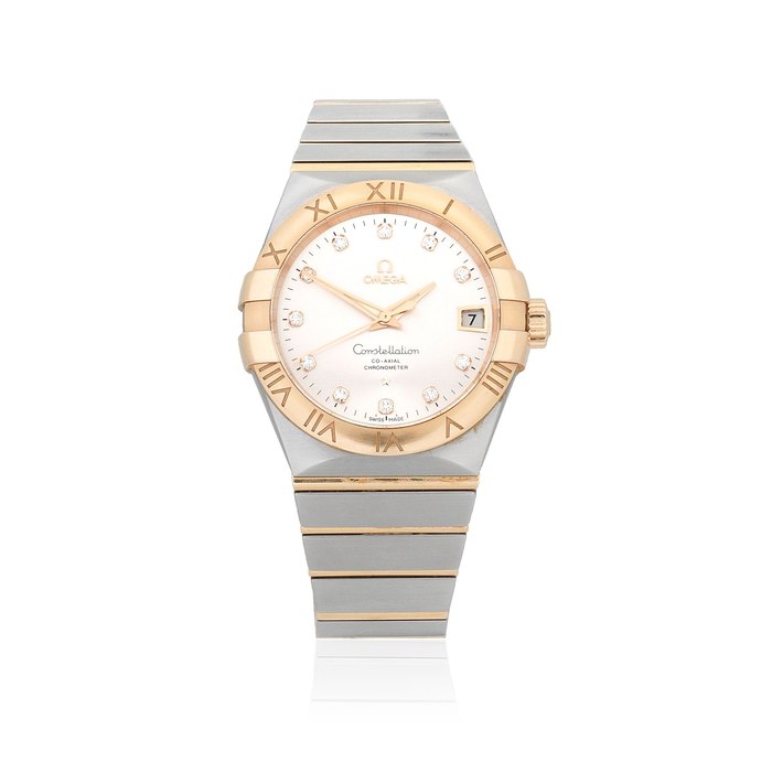 Omega. A stainless steel and 18K rose gold automatic calendar bracelet watch with co-axial escapement Constellation, Ref: 12320382152001, Purchased 8th January 2014
