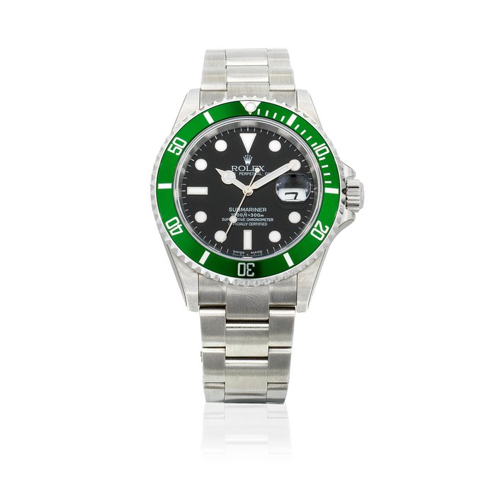 Rolex. A stainless steel automatic calendar bracelet watch with 'flat 4' bezel insert Submariner 'Kermit Flat 4', Ref: 16610, Purchased 29th September 2004