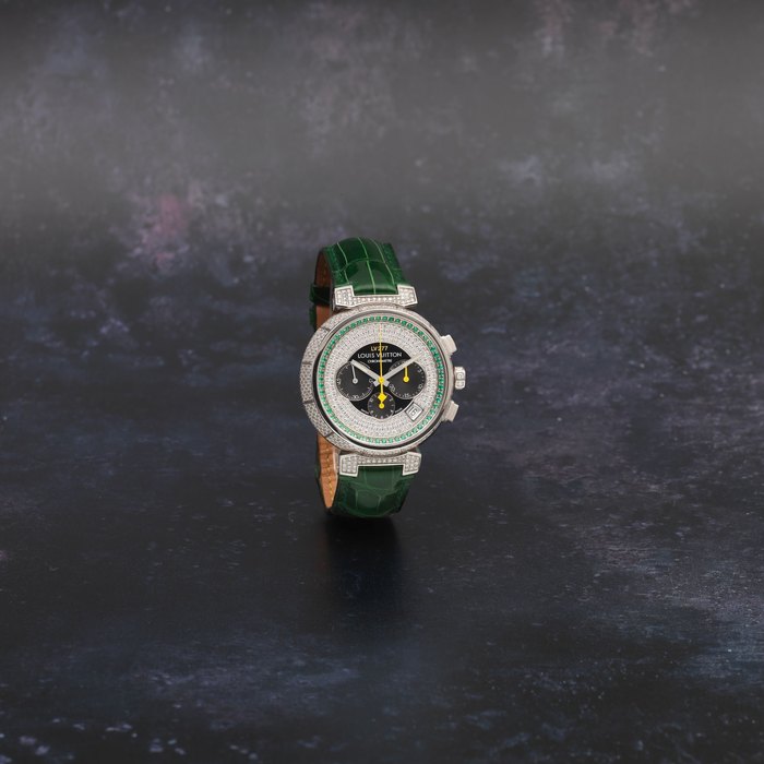 Louis Vuitton. An 18K white gold, diamond and emerald set automatic calendar chronograph wristwatch Tambour Forever, Ref: Q11470, No.3, Purchased 8th August 2010