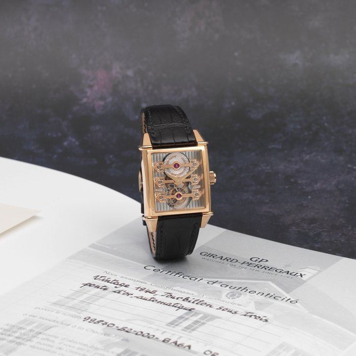 Girard-Perregaux. A fine and unusual 18K rose gold Limited Edition automatic skeletonised rectangular tourbillon wristwatch with three gold bridges Vintage 1945 Tourbillon Bridges, Ref: 9987, Limited Edition No.95, Circa 2015