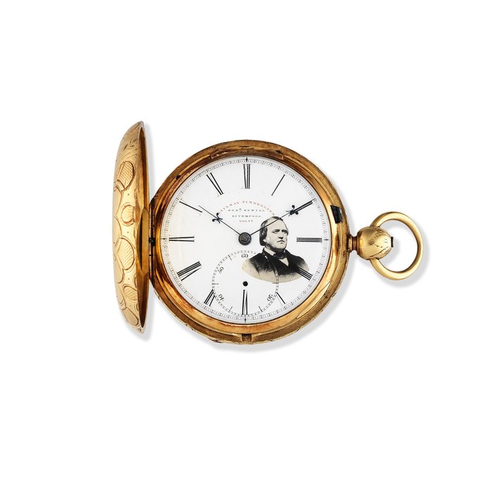 Josh Sewill, 61 South Castle Street, Liverpool. An 18K gold key wind full hunter pocket watch presented to James Carroll Robinson Railway Timekeeper, Circa 1850