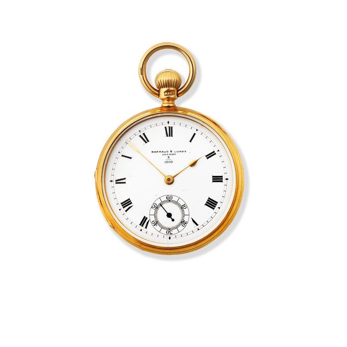 Barraud & Lunds, 41 Cornhill, London. An 18K gold keyless wind open face pocket watch London Hallmark for 1874