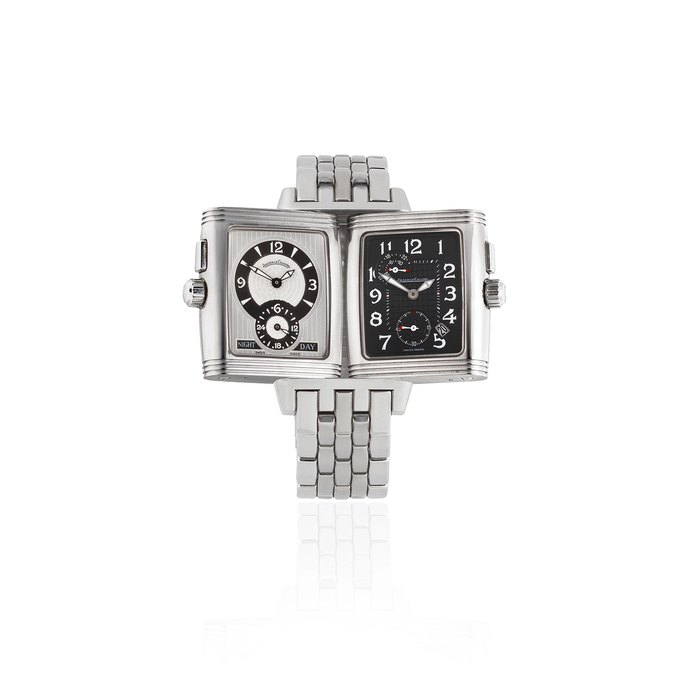 Jaeger-LeCoultre. A stainless steel manual wind calendar reversible rectangular bracelet watch with 24 hour indication Reverso 'Night and Day' Gran Sport Duo, Ref: 295.8.51, Circa 2002