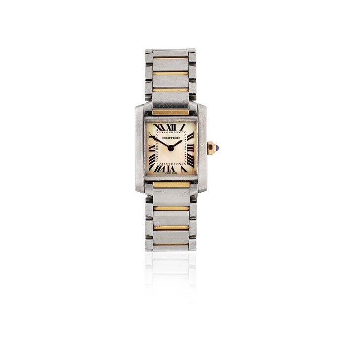 Cartier. A lady's stainless steel and gold quartz rectangular bracelet watch with mother of pearl dial Tank Française, Ref: 2384, Circa 2005