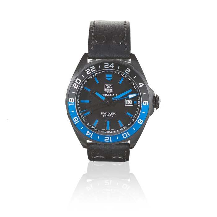 TAG Heuer. A Limited Edition black DLC coated stainless steel automatic calendar wristwatch with dual time zone Formula 1, David Guetta Edition, Ref: WAZ201A, Circa 2016