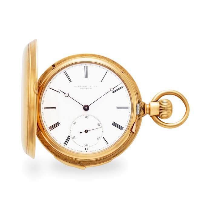 TIFFANY & CO., GENEVA. AN 18K GOLD HUNTER CASED FIVE MINUTE REPEATING KEYLESS LEVER WATCHDated 1878