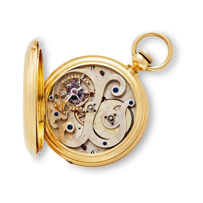 Breguet ERNEST GUINAND FOR J. E. CALDWELL & CO., PHILADELPHIA. A FINE AND RARE 18K GOLD HUNTER CASED PIVOTED DETENT CHRONOMETER WITH 1-MINUTE TOURBILLON WITH ORIGINAL PRESENTATION BOXCirca 1865