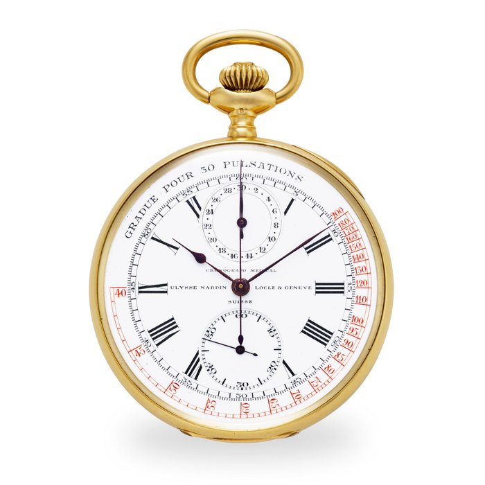 ULYSSE NARDIN. A FINE 18K GOLD OPEN FACE KEYLESS MEDICAL CHRONOGRAPH WITH REGISTERCirca 1900
