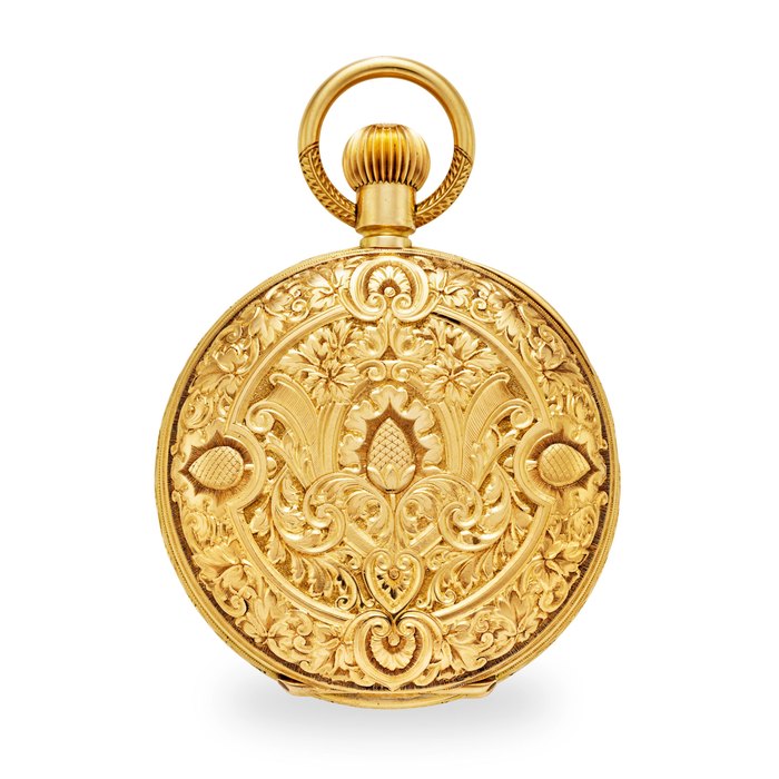 A FINE SWISS ELABORATELY ENGRAVED 18K GOLD HUNTER CASED KEYLESS PIVOTED DETENT CHRONOMETER WITH ONE-MINUTE TOURBILLONAttributed to Ernest Guinand, Le Locle Circa 1875