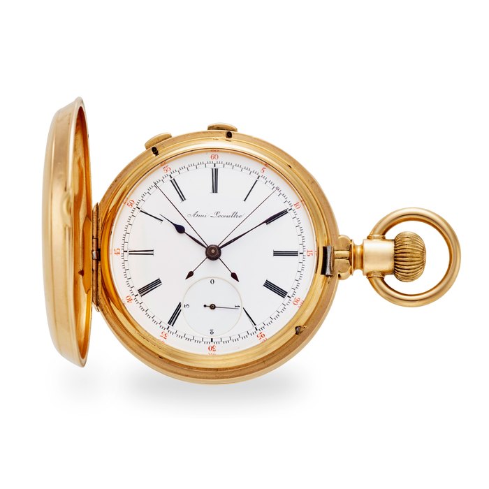 AMI LECOULTRE, BRASSUS & GENEVA. A FINE AND RARE 18K GOLD HUNTER CASED KEYLESS LEVER SPLIT-SECOND CHRONOGRAPH WITH JUMP QUARTER SECONDS1880's