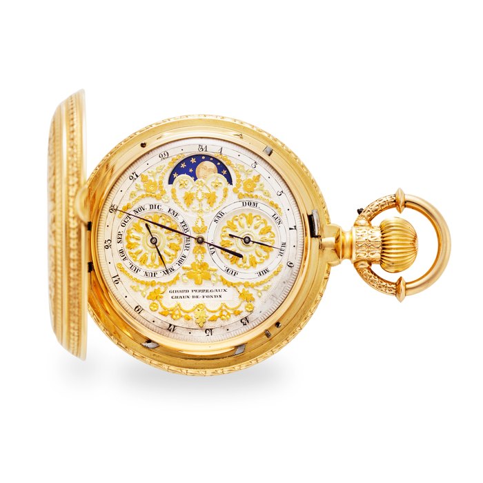GIRARD PERREGAUX, LA CHAUX DE FONDS. A FINE 18K GOLD ELABORATELY ENGRAVED HUNTER CASED DOUBLE DIAL KEYLESS LEVER WATCH WITH TRIPLE CALENDAR AND MOON PHASE1880's